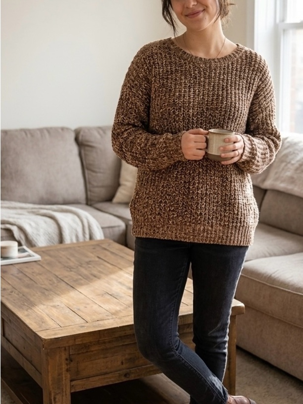 Jones New York Sport Chunky Linen blended brown and beige marled knit sweater is